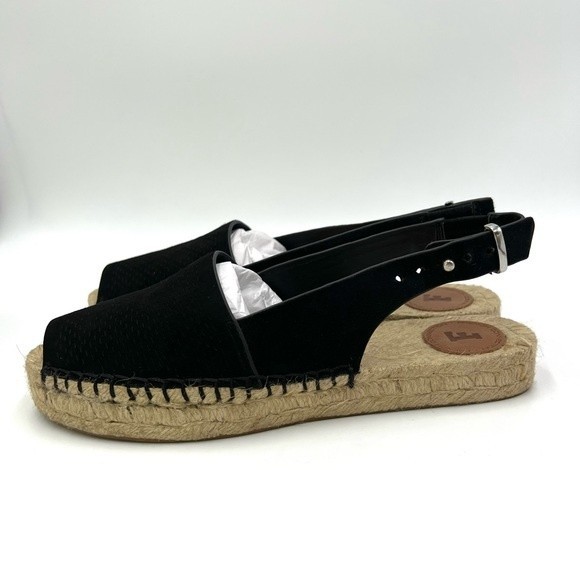 French Connection Women's Lucya‎ Black Leather Peep Toe Espadrille Sandals Shoes - Picture 6 of 16